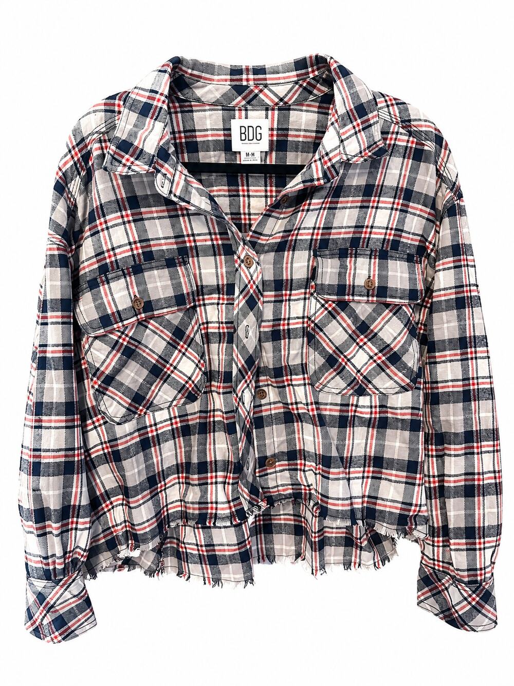 Urban Outfitters BDG Plaid Flannel Shirt Jacket Cropped Distressed Raw Hem M